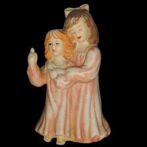 Hummell-Like Figurine Big Sis Comfort to Little Sister Nightgowns & Lit Candle